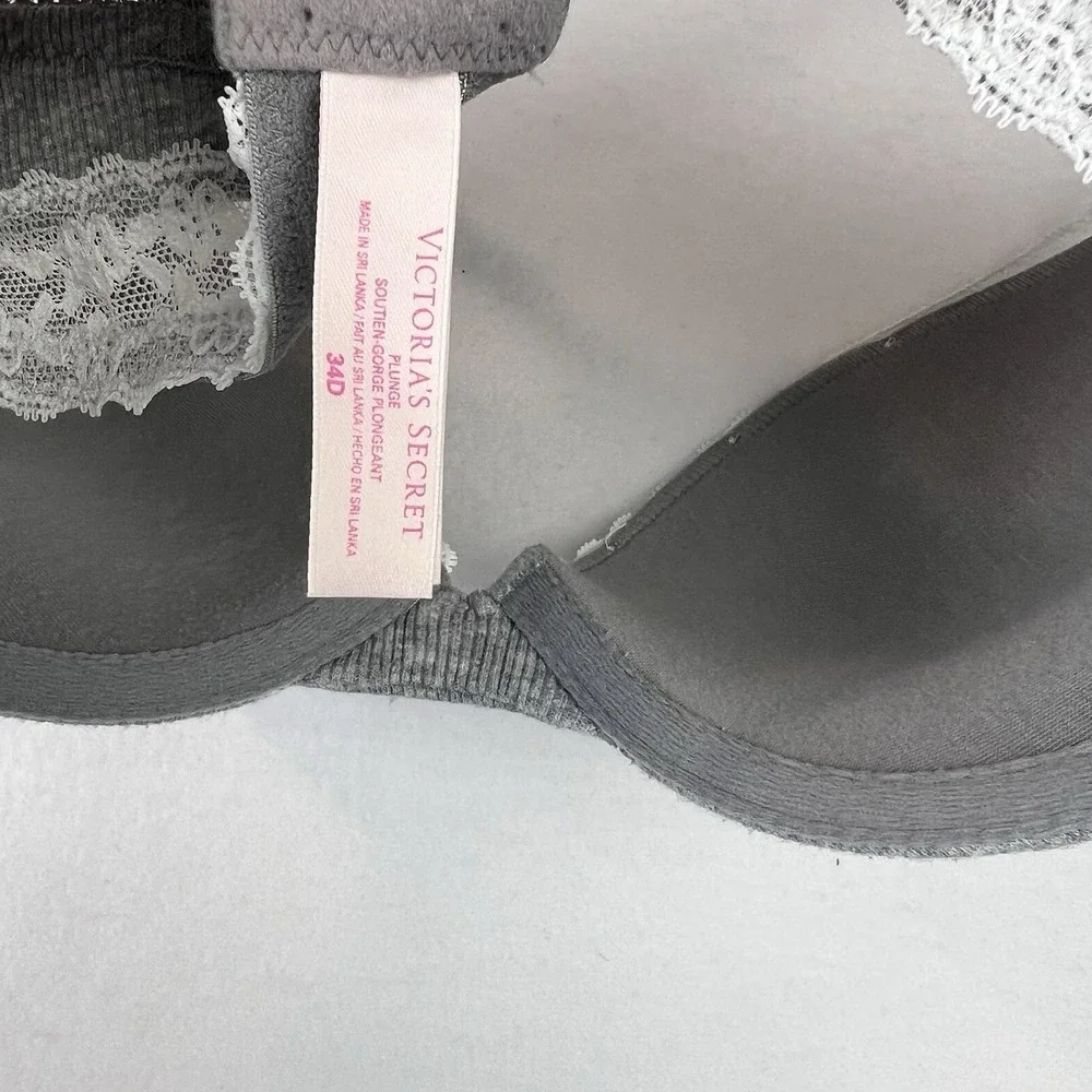 Victoria's Secret Plunge Gray & White Lace Trim Bow 34D